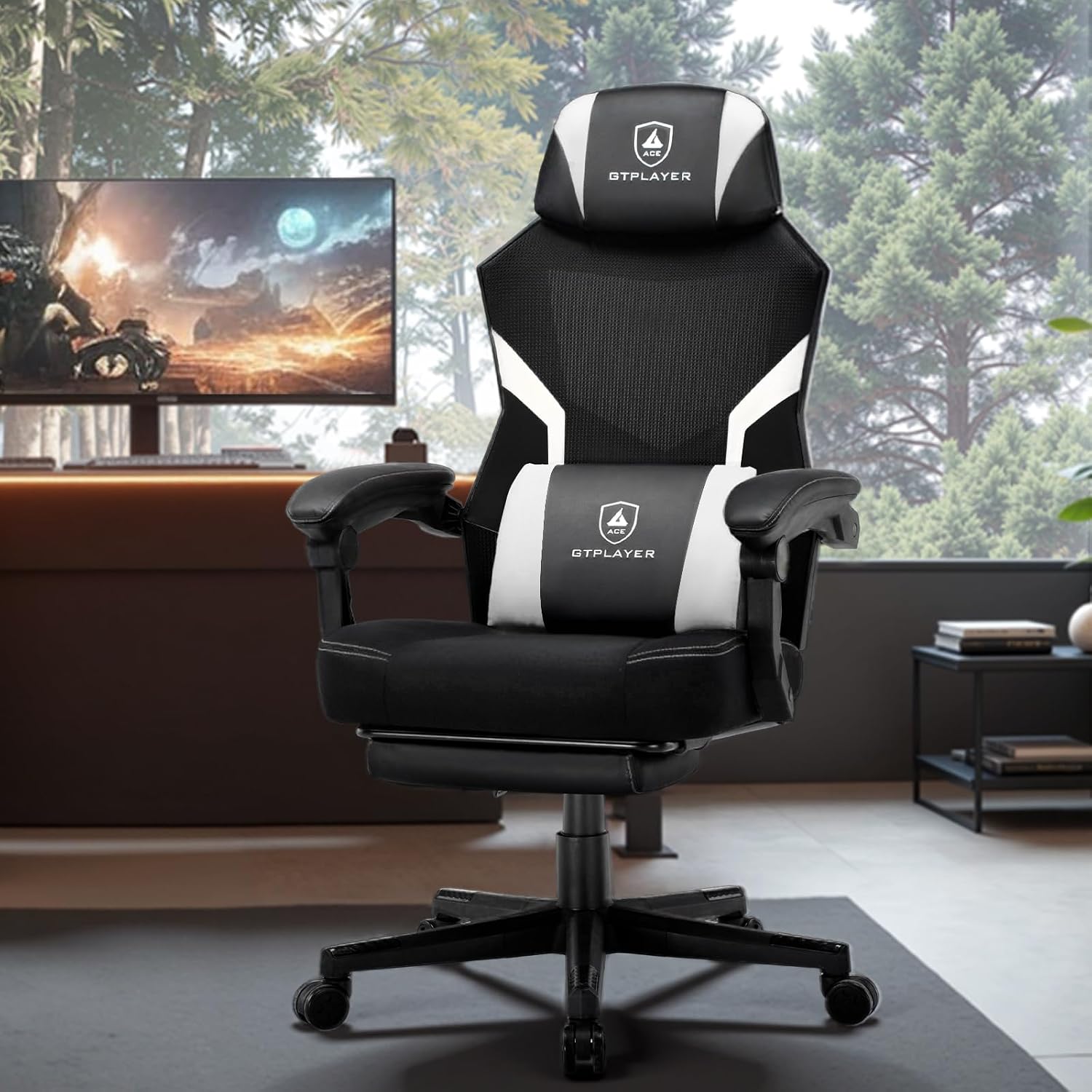 GTPLAYER Gaming Chair, Mesh Office Chairs with Footrest for Adults, Big and Tall Gamer Ergonomic Computer Chair with Height Adjustable (White)