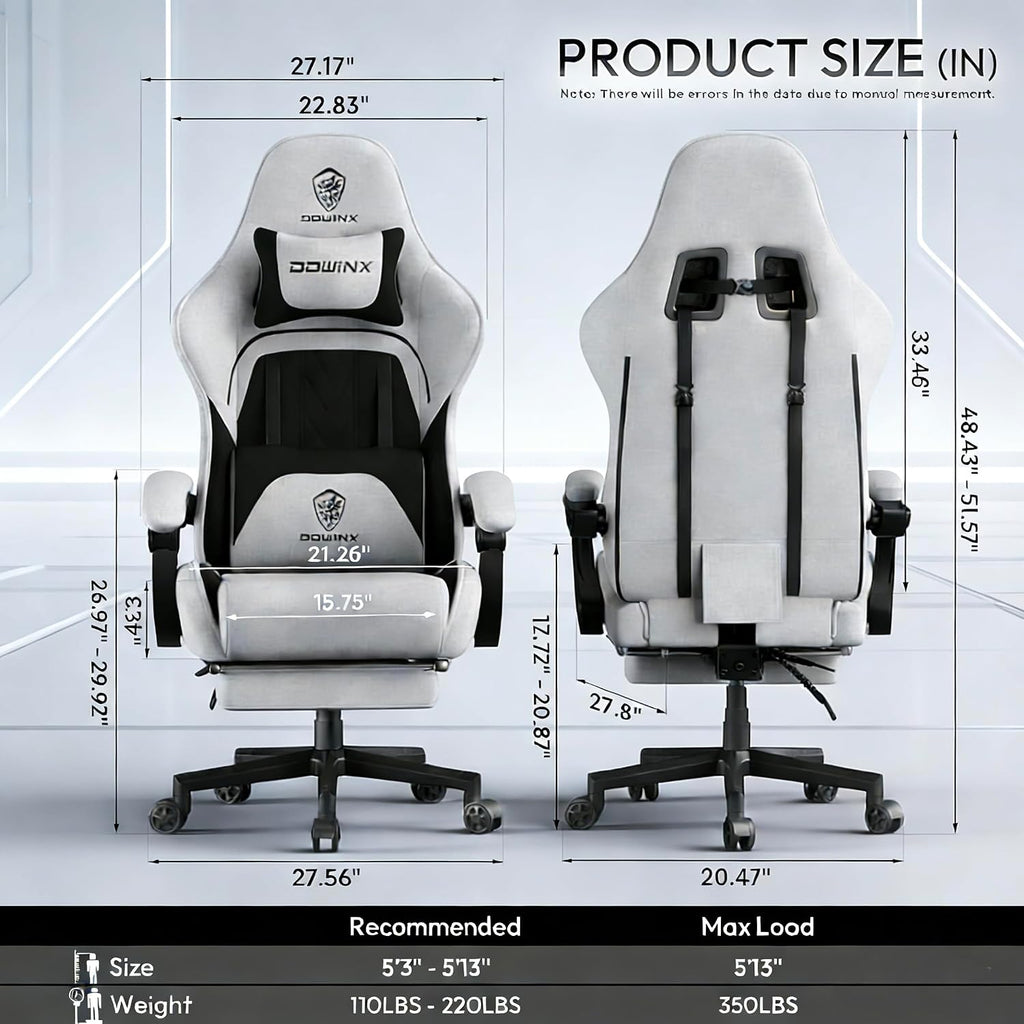 Dowinx Gaming Chair Fabric with Coil Spring Cushion, Ergonomic Game Chair for Adults with Footrest and Massage Lumbar Support, Cloth Computer Office Chair 350LBS, Black Grey