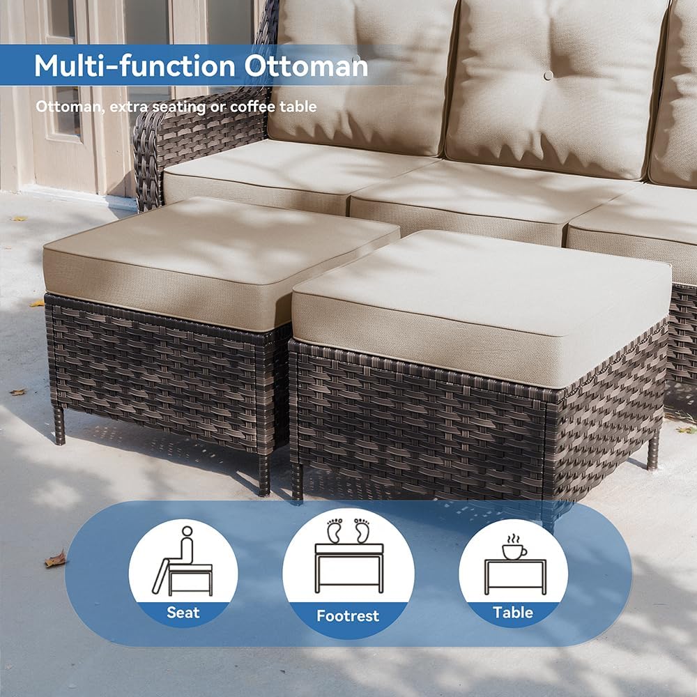 Kurapika 7-Piece Patio Furniture Set, Wicker Thick-Backed Outdoor Swivel Rocking Chair, Includes Coffee Table and Thick Cushions, Conversation Set for Porch,Patio, Sand