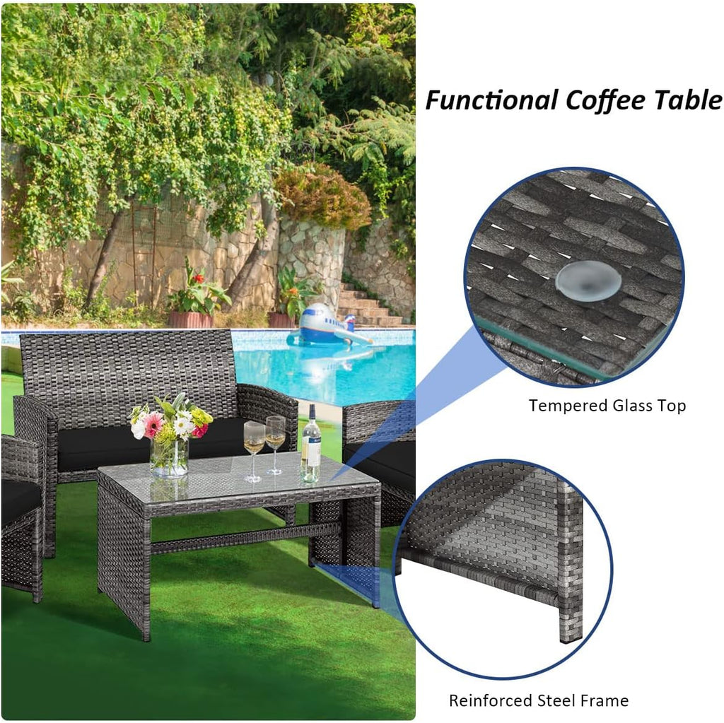 COSTWAY Patio Furniture Set 4 Pieces, Outdoor Wicker Chairs Sofa w/Coffee Table and Soft Cushions, Rattan Conversation Sets for Patio Lawn Backyard Yard Pool Garden, Black