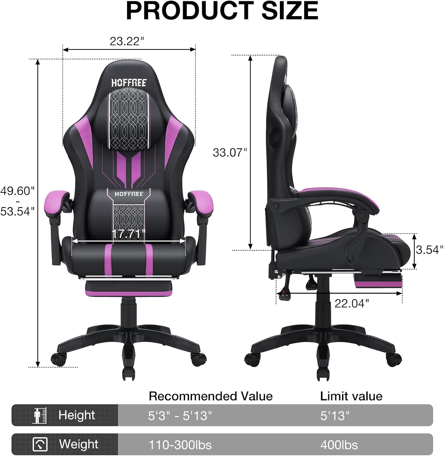 HOFFREE Led Gaming Chair Massage with Speakers Big and Tall Video Game Chair with Footrest for 400lbs Reclining High Back Computer Desk Chair Purple and Black