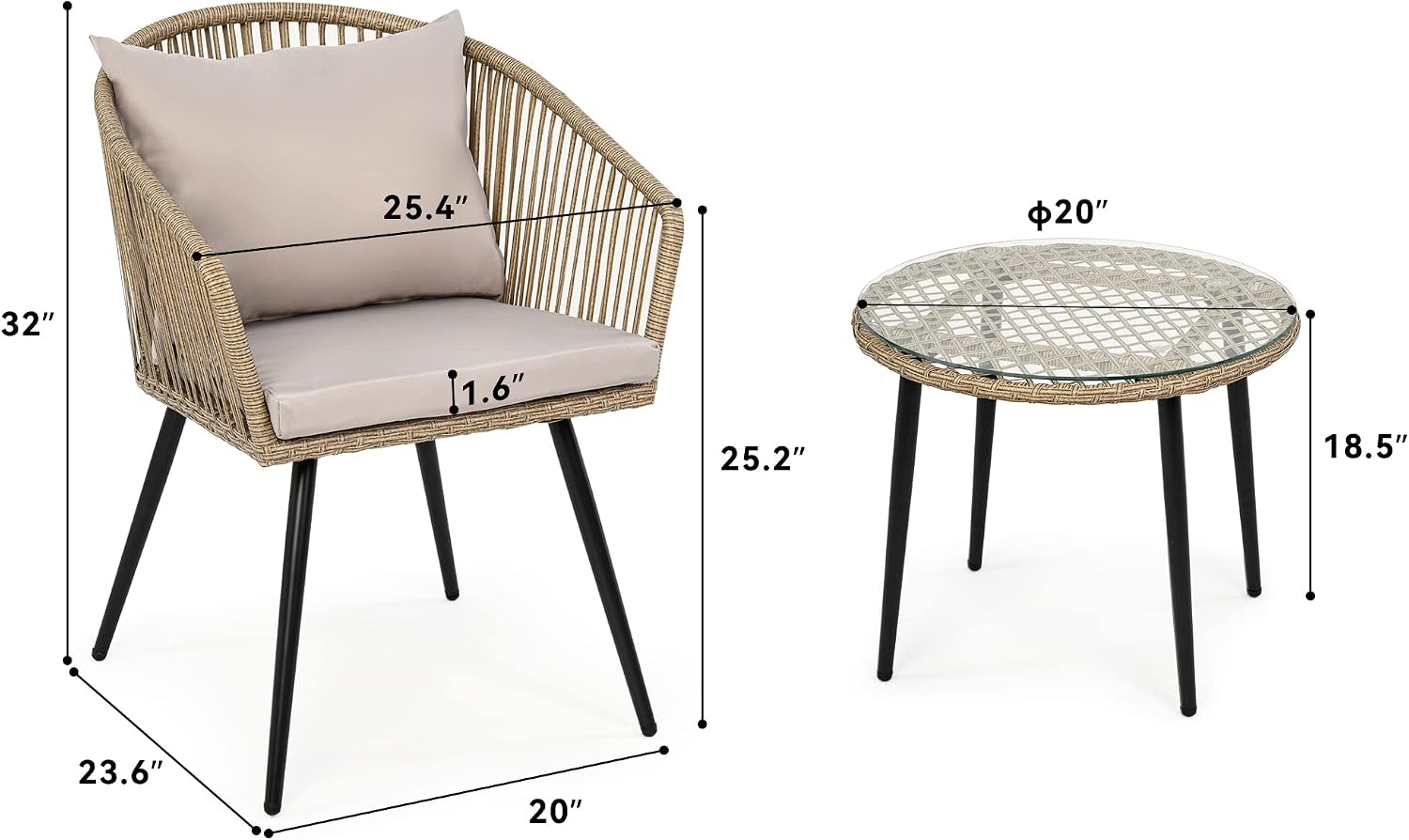 YITAHOME 3-Piece Wicker Small Patio Balcony Chair Set, Outdoor Rattan Conversation Apartment Chairs for Backyard, Balcony and Apartment with Soft Cushions, Glass Side Table Gray