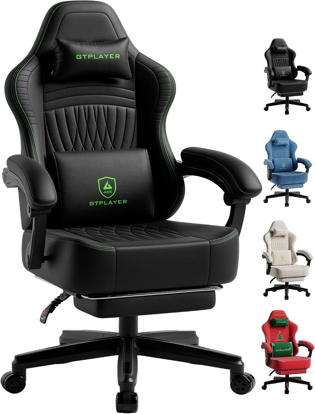 GTPLAYER Gaming Chair for Adults, Ergonomic Video Game Chairs, Footrest & Linkage Armrest, Reclining High Back Silla Gamer with Wider Seat for Home Office, Ace Pro, Black & Green