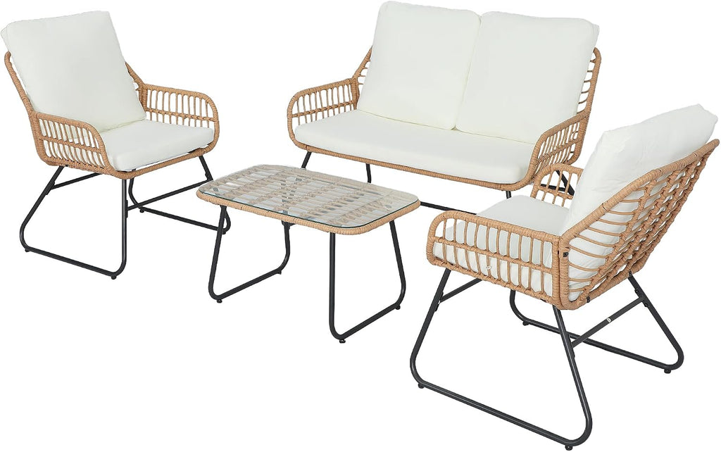 EortheX 4 Pieces Outdoor Patio Furniture Set,Patio Conversation Set,Rattan Wicker Bistro Sets with Loveseat Chairs and Modern Coffee Table for Backyard Deck Balcony and Garden Lounge Spaces - Beige