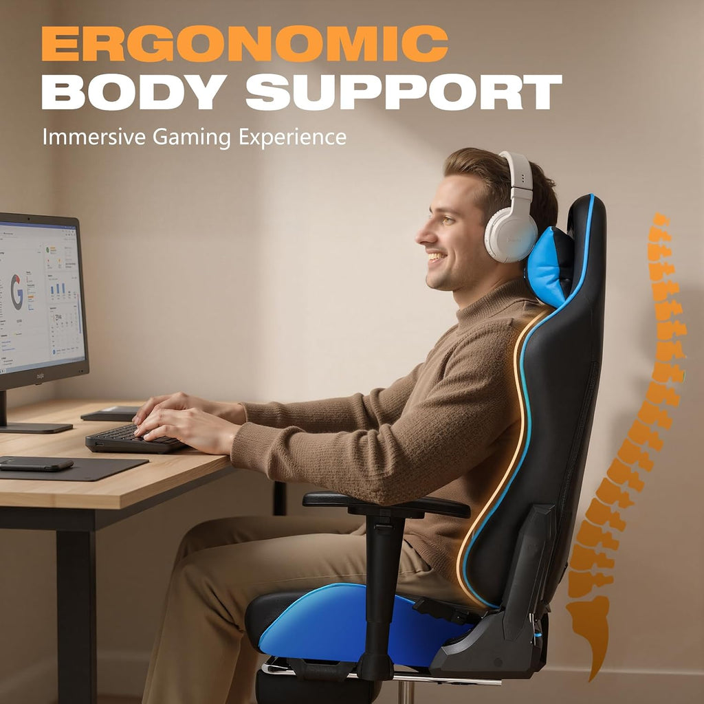 Gaming Chair with Footrest, Ergonomic High-Back PU Leather Computer Chair with 3D Adjustable Armrests, Headrest and Lumbar Support, Office Desk Chair with Diamond Stitching for Adults & Teen