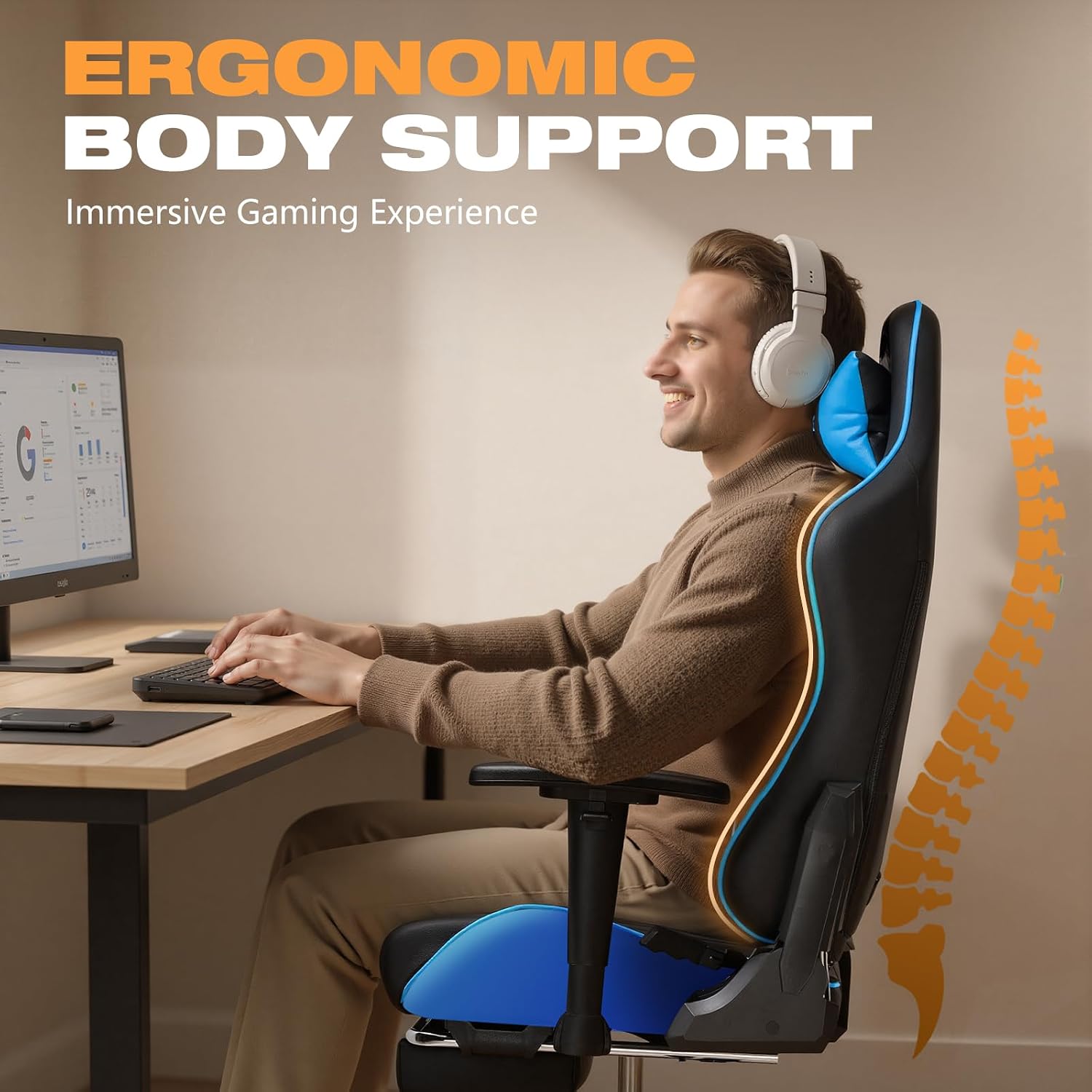 Gaming Chair with Footrest, Ergonomic High-Back PU Leather Computer Chair with 3D Adjustable Armrests, Headrest and Lumbar Support, Office Desk Chair with Diamond Stitching for Adults & Teen