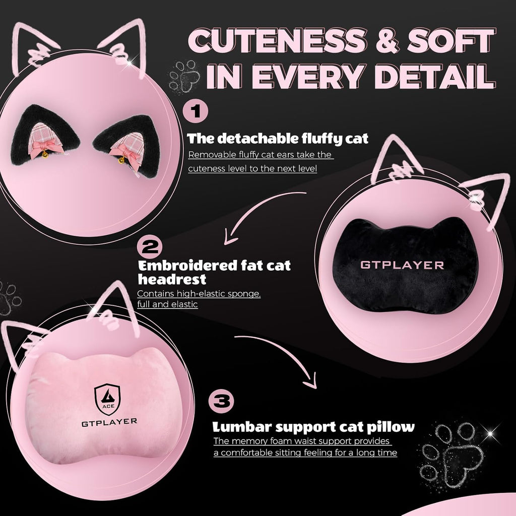Pink Gaming Chair Cute with Cat Ears Ergonomic Computer Chair with Cat Embroidery Adjustable Memory Foam Lumbar Support and Headrest Comfortable Reclining Office Chair for Girls, Teens, Women