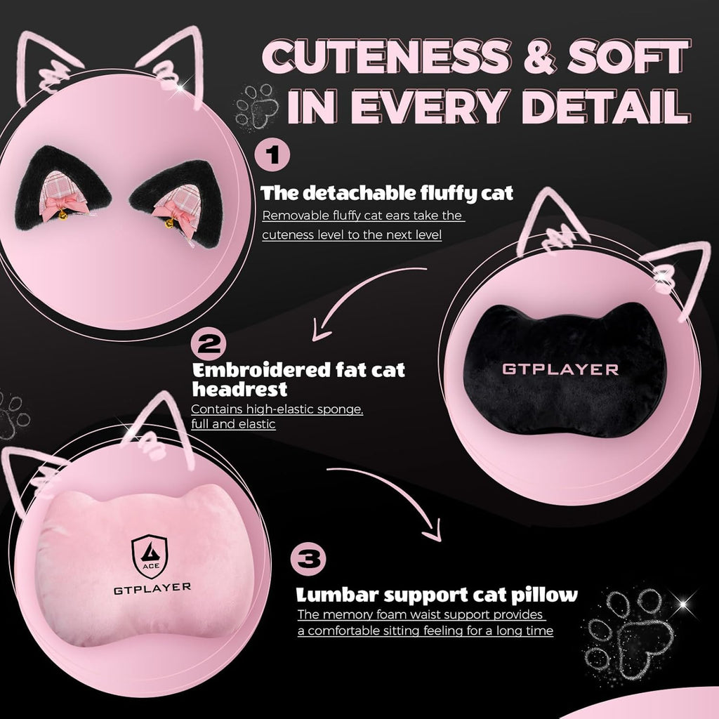 Pink Gaming Chair Cute with Cat Ears Ergonomic Computer Chair with Cat Embroidery Adjustable Memory Foam Lumbar Support and Headrest Comfortable Reclining Office Chair Soft Velvet Fabric