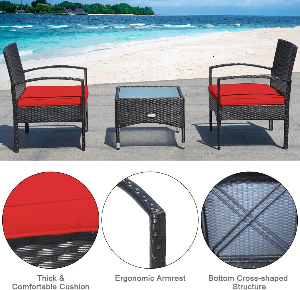 COSTWAY 3 PCS Patio Wicker Conversation Set, PE Rattan Sofa with Tempered Glass Coffee Table, 2 Chairs, 2 Cushions, Outdoor Patio Furniture Set for Yard Porch Bistro Balcony Backyard Pool, Red