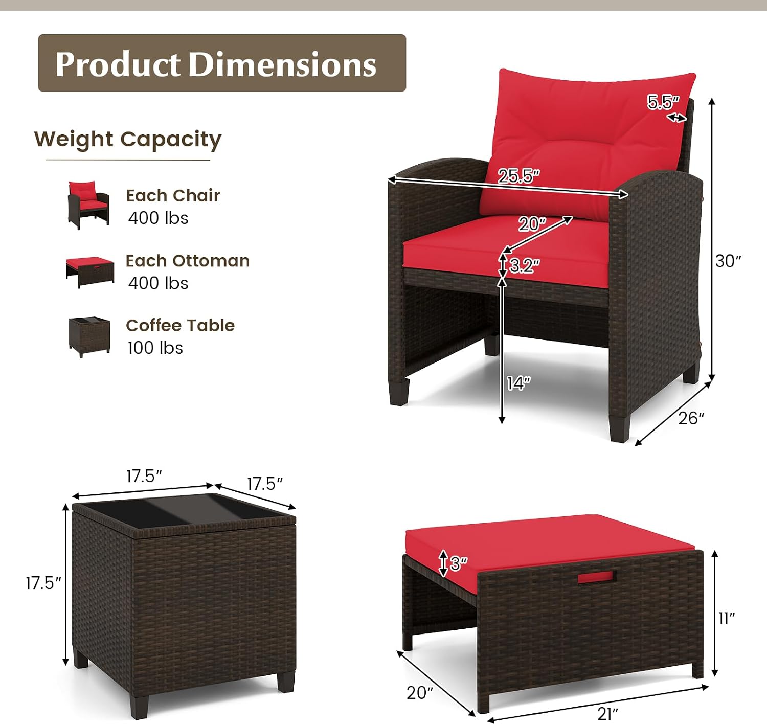 KOTEK 5 Pieces Patio Furniture Set with Ottomans, Wicker Patio Conversation Set with Coffee Table & Cushions, PE Rattan Outdoor Lounge Chairs for Backyard, Porch, Poolside (Mix Brown- Red)
