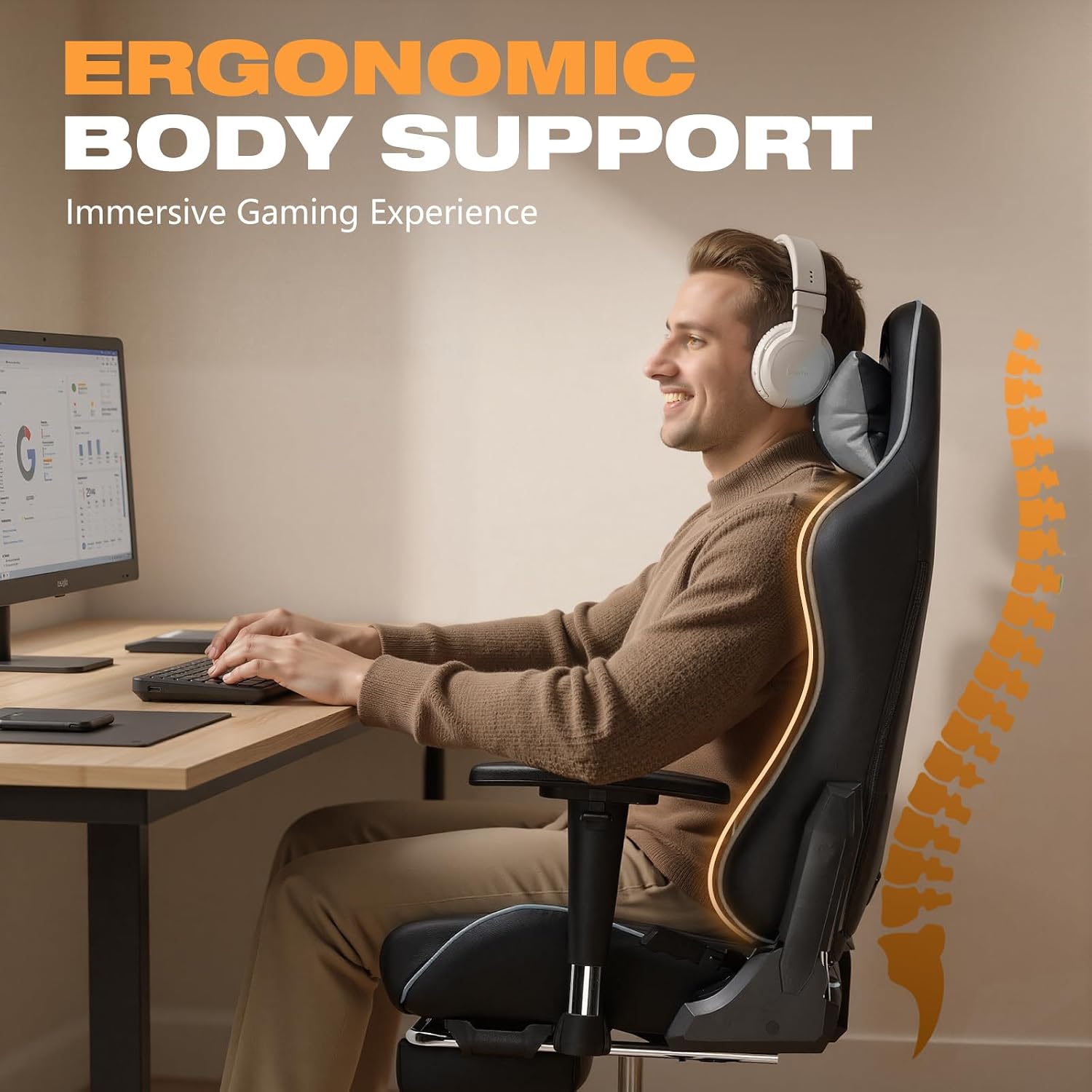 Gaming Chair with Footrest, Ergonomic High-Back PU Leather Computer Chair with 3D Adjustable Armrests, Headrest and Lumbar Support, Office Desk Chair with Diamond Stitching for Adults & Teen