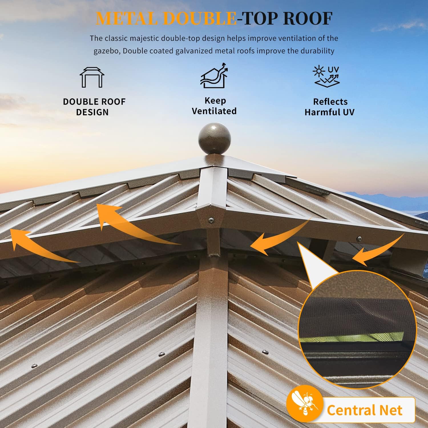 YOLENY 12'X20' Hardtop Gazebo, Galvanized Steel Ventilation Double Roof with Aluminum Frame，Outdoor Gazebos Pavillion with Netting and Curtains for Garden, Patio, Lawns, Parties