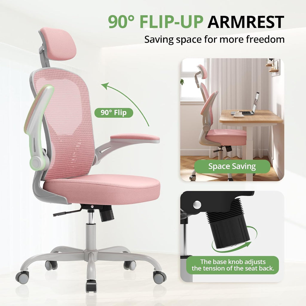 Office Chair Ergonomic Desk Chair, 330LBS Capacity, High Back Computer Design for Long Hours Comfort, Rolling Swivel Executive Task for Home Office with Flip-up Armrests, Grey Pink