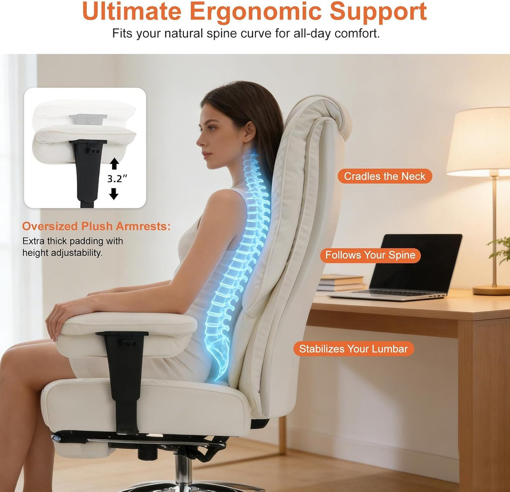 EXCEBET Big and Tall Office Chair 400lbs Wide Seat, Leather High Back Executive Office Chairs with Foot Rest, Ergonomic Lumbar Support for Lower Back Pain Relief (White)