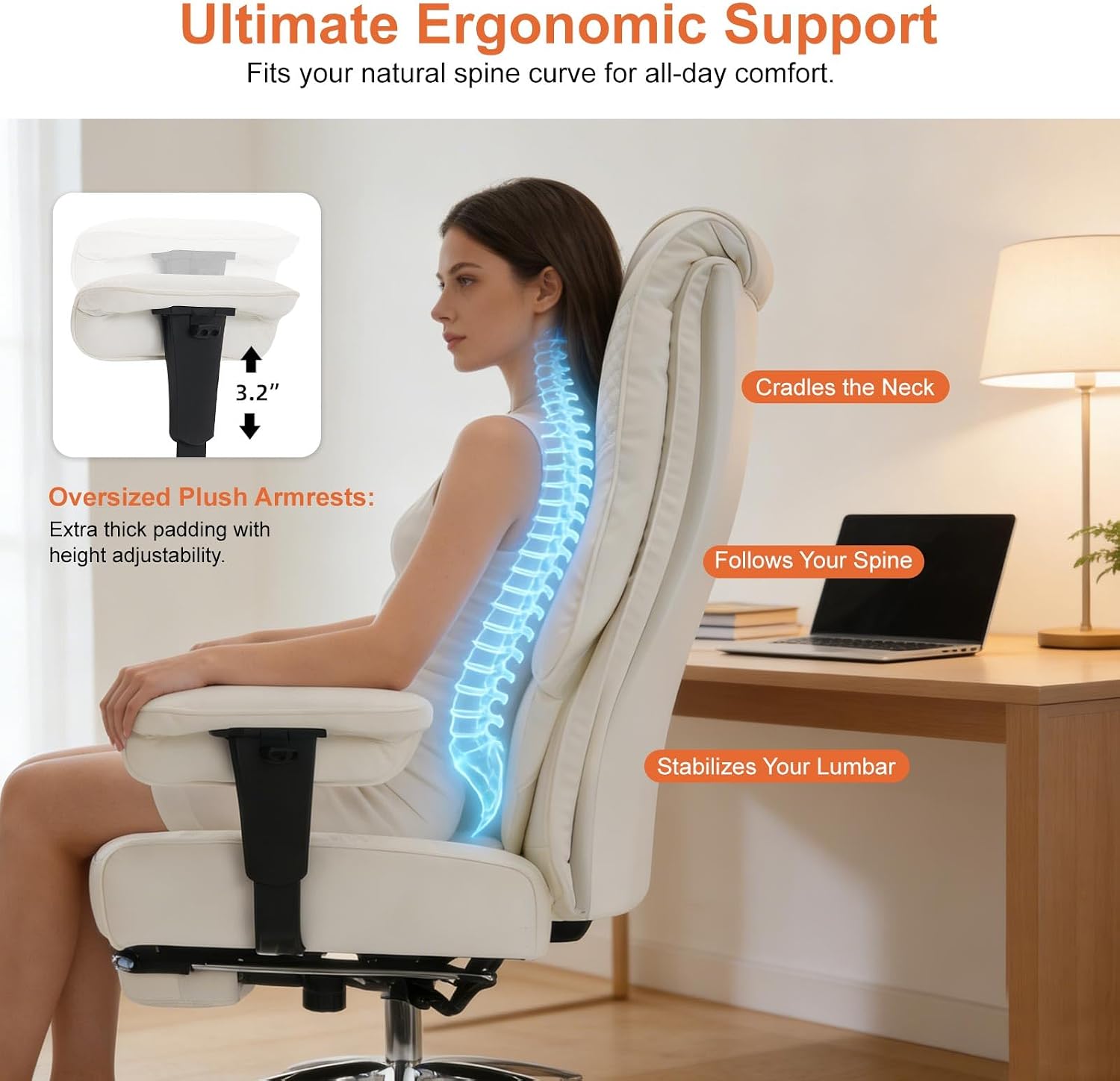 EXCEBET Big and Tall Office Chair 400lbs Wide Seat, Leather High Back Executive Office Chairs with Foot Rest, Ergonomic Lumbar Support for Lower Back Pain Relief (White)
