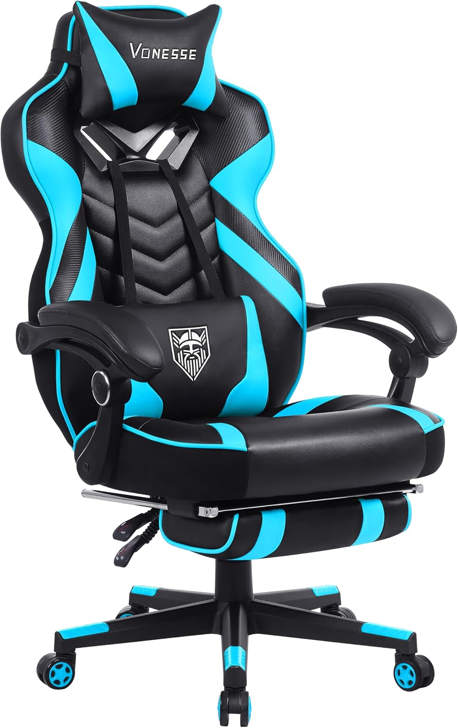 Vonesse Gaming Chair, Big and Tall Gaming Chair with Footrest and Massage, Gaming Chairs for Adults with Lumbar Support, Ergonomic High Back Computer Chair with Pocket Spring Cushion (Cyan/Black)