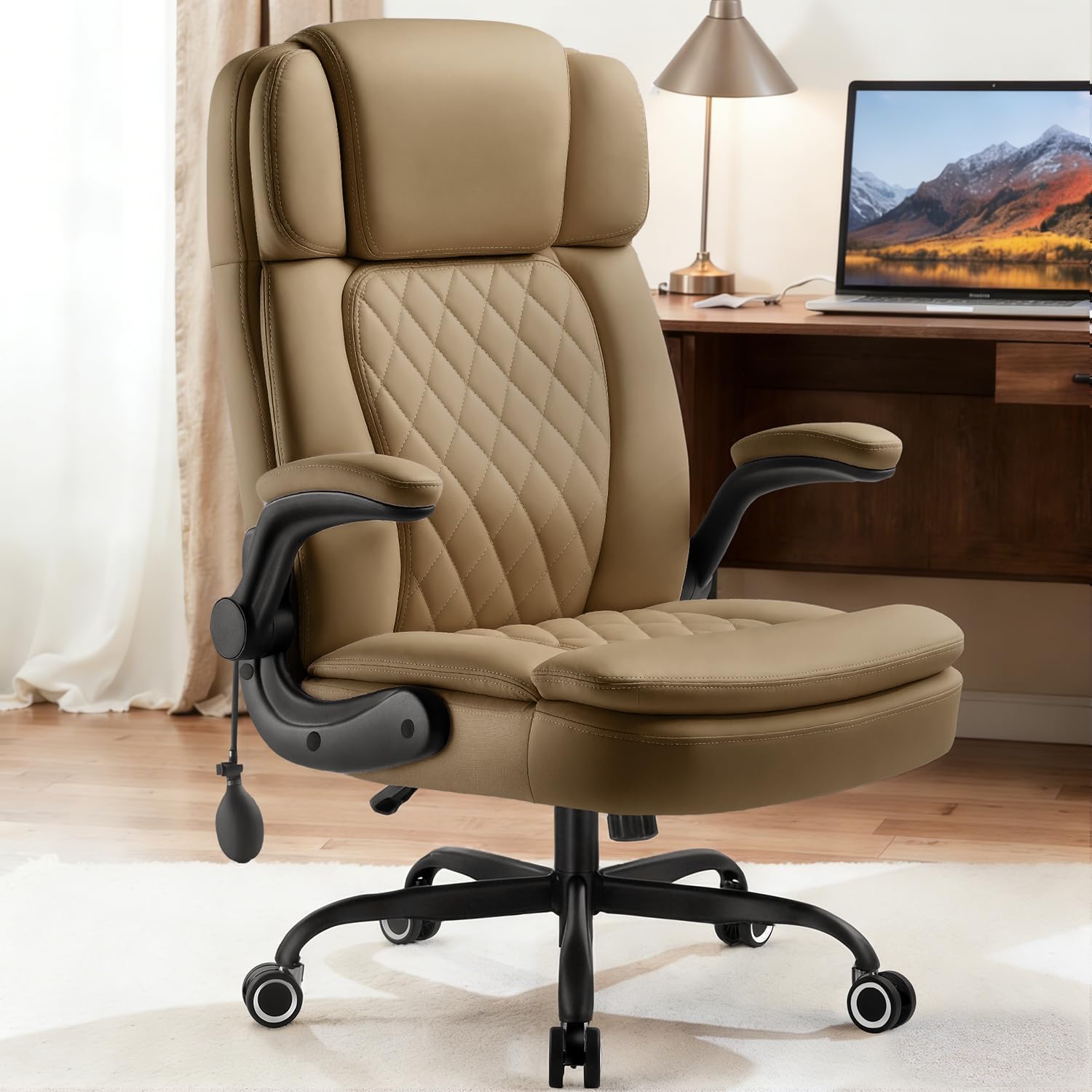 450 LBS Big and Tall Executive Office Chair with Flip up Arm, Heavy Duty Leather Computer Desk Chair,Comfortable High Back Swivel Home Office Chair with Rolling for Adults (Yellow)