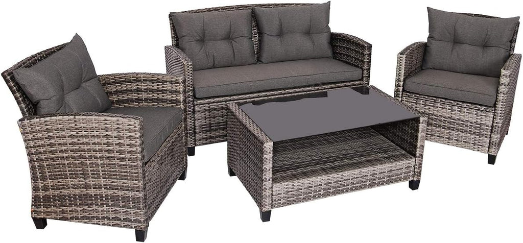 Tangkula 4 PCS Patio Wicker Conversation Furniture Set, Outdoor Rattan Sofa Set with Padded Cushion & Tempered Glass Coffee Table, Wicker Sectional Sofas & Table for Courtyard Balcony Garden (1, Grey)