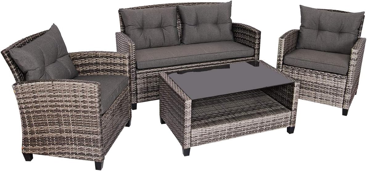 Tangkula 4 PCS Patio Wicker Conversation Furniture Set, Outdoor Rattan Sofa Set with Padded Cushion & Tempered Glass Coffee Table, Wicker Sectional Sofas & Table for Courtyard Balcony Garden (1, Grey)