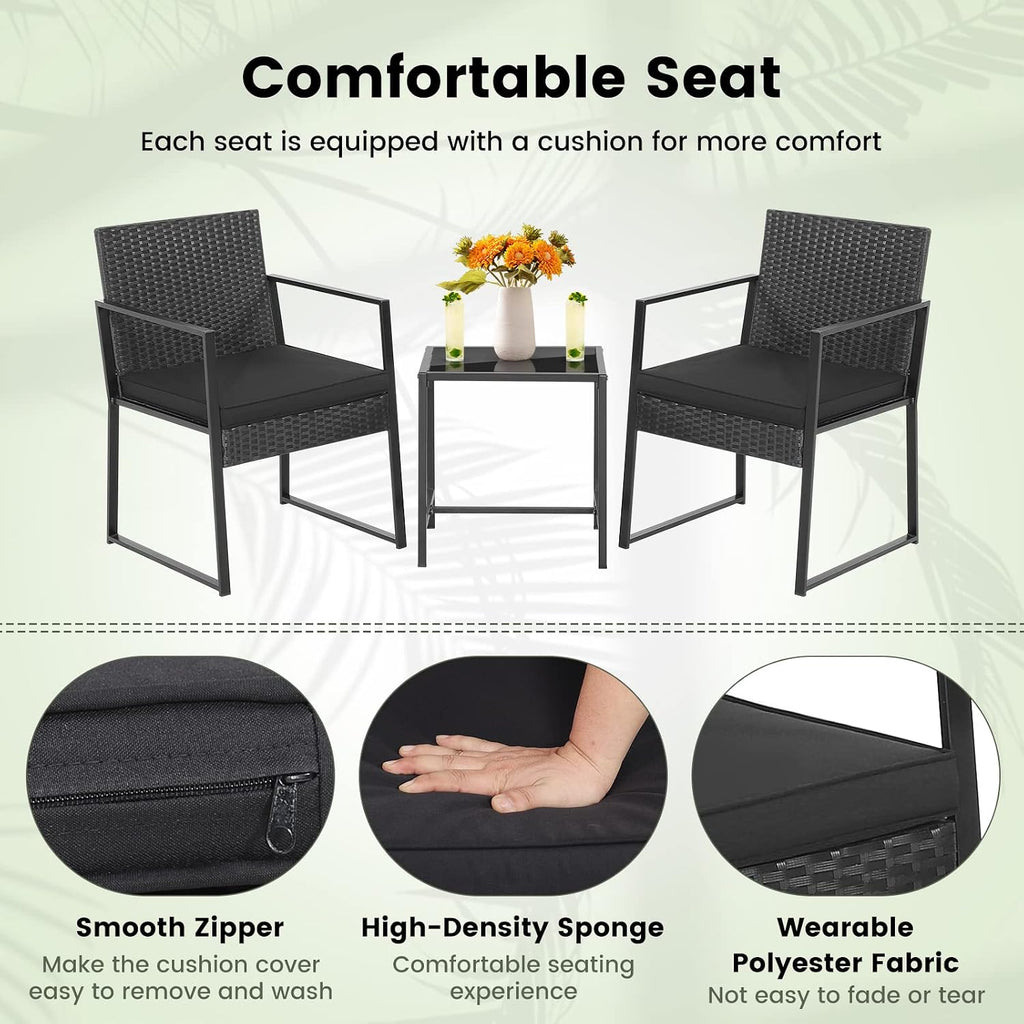 Tangkula 3 Piece Patio Furniture Set, Modern Heavy Duty All Weather Cushioned Wicker Chairs and Coffee Table Set, Suitable for Front Porch, Backyard, Garden, Poolside and Deck (Black)