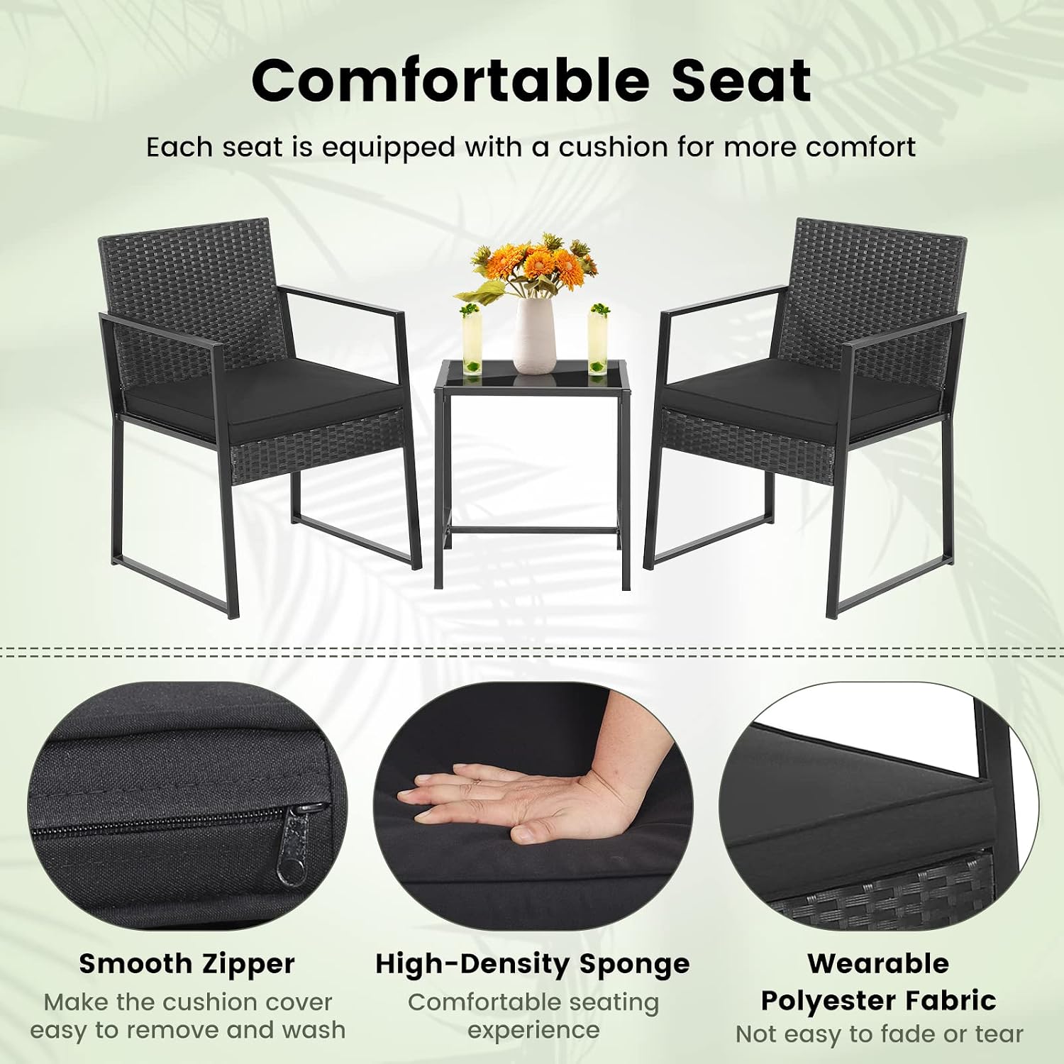 Tangkula 3 Piece Patio Furniture Set, Modern Heavy Duty All Weather Cushioned Wicker Chairs and Coffee Table Set, Suitable for Front Porch, Backyard, Garden, Poolside and Deck (Black)