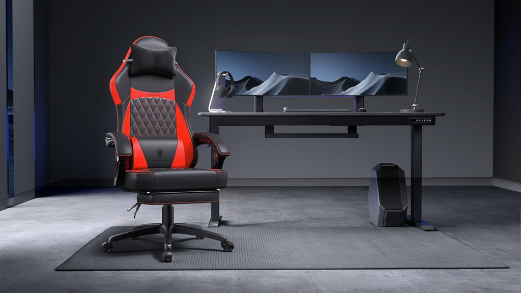 Dowinx Gaming Chair with Pocket Spring Cushion, Ergonomic Computer Chair with Massage Lumbar and Footrest for Adults, High Back Game Chair Leather for Office Gaming 300LBS, Red New
