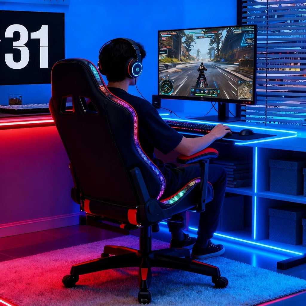 Gaming Chair with Bluetooth Speakers ＆ LED Lights, Ergonomic Massage Computer Chair Height Adjustable, Video Game Chair with 360° Swivel Seat and Headrest, High Back Lumbar Support Design