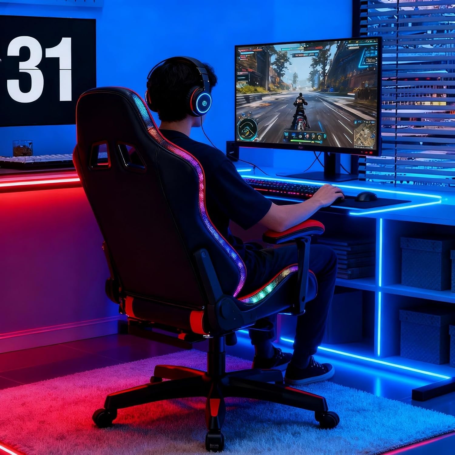 Gaming Chair with Bluetooth Speakers ＆ LED Lights, Ergonomic Massage Computer Chair Height Adjustable, Video Game Chair with 360° Swivel Seat and Headrest, High Back Lumbar Support Design