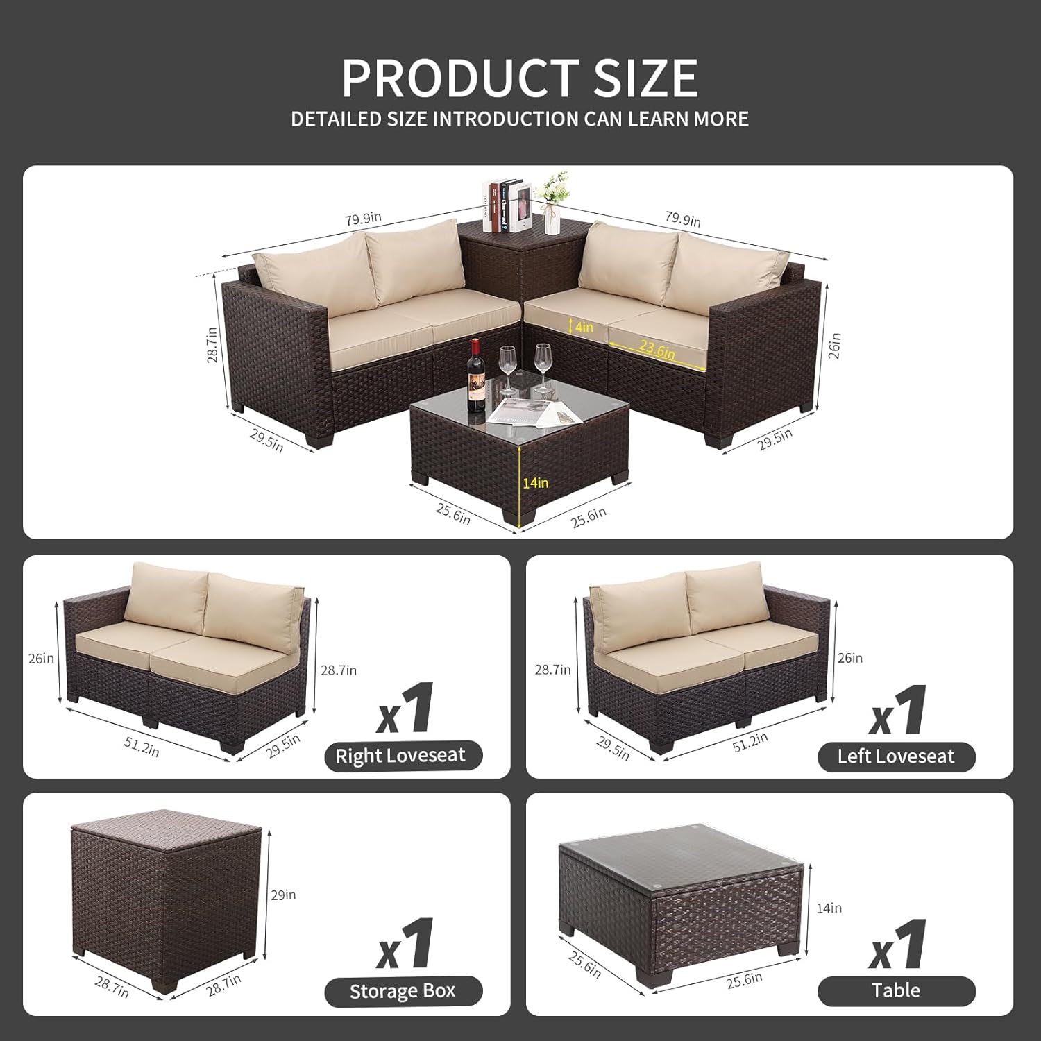 WAROOM Patio Furniture Set 4 Piece Conversation Sets Brown Rattan Outdoor Couch Loveseat Wicker Sectional Sofa with Storage Box Glass Top Table, Khaki Cushion