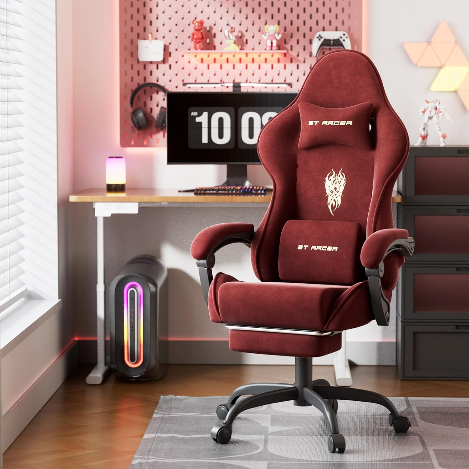 Ferghana Velvet Fabric Gaming Chair, High Back Ergonomic Gamer Chair for Adult, Comfortable Video Game Chair with Footrest and Massage Lumbar Cushion, Racing Reclining Office Computer Desk Chair Red