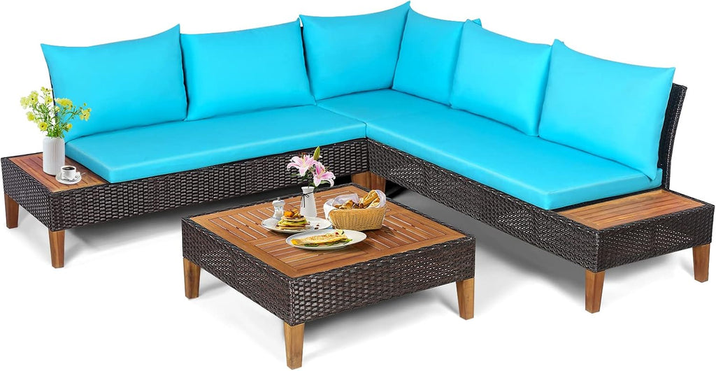 Tangkula 4 Pieces Acacia Wood Patio Furniture Set, Patiojoy L Shaped Wicker Corner Sectional Sofa Set with Thick Cushions, Coffee Table, for Backyard, Garden, Poolside and Deck (Turquoise)