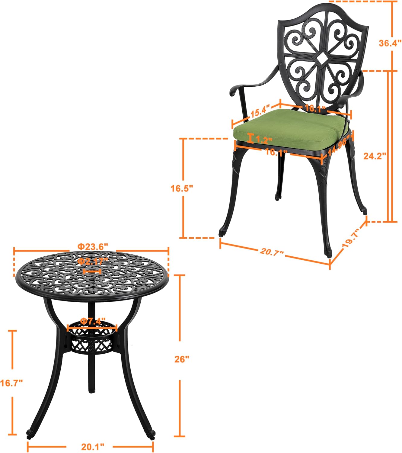 NUU GARDEN 3 Piece Outdoor Bistro Set, Outdoor Cast Aluminum Patio Bistro Table and Chairs Set of 2 with Umbrella Hole and Green Cushions for Backyard, Balcony, Porch, Black