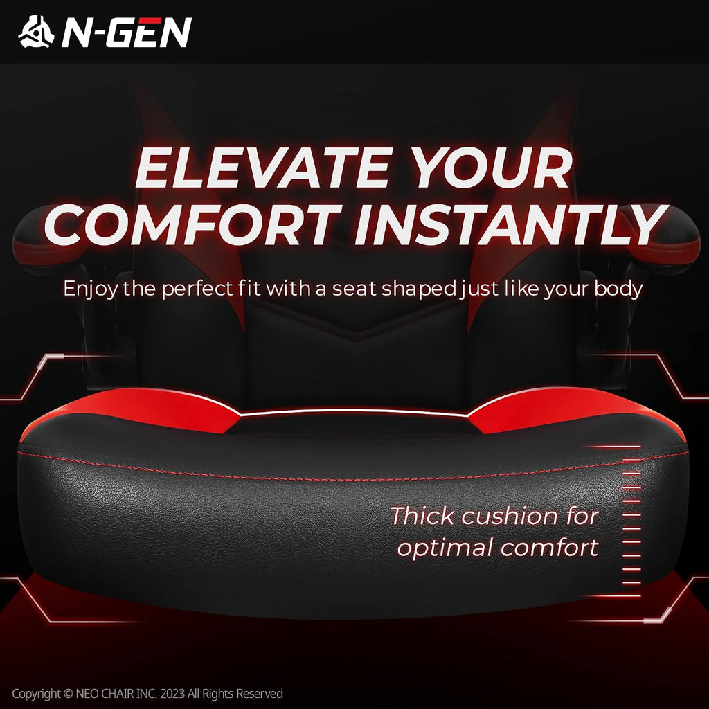 N-GEN Video Gaming Chair Ergonomic Computer Desk Office Chair with Lumbar Support Adjustable Height Swivel Wheels Flip-Up Arms PU Leather Home and Office (Red)