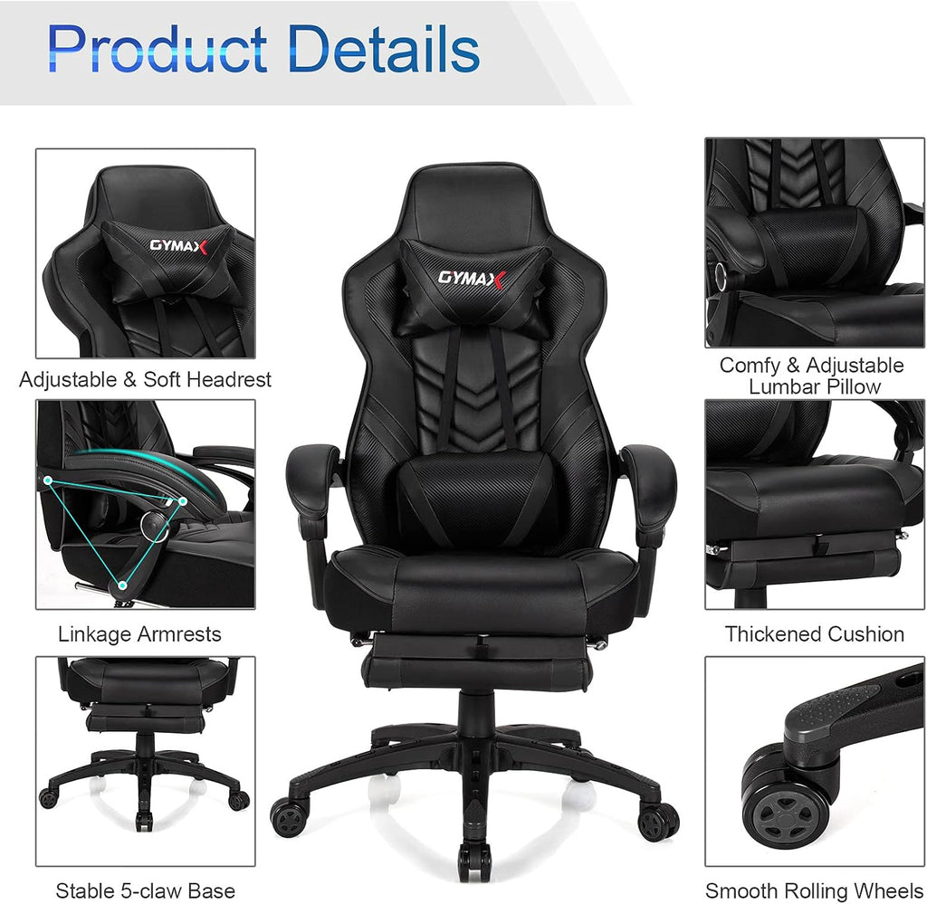 GYMAX Gaming Chair, Ergonomic Computer Chair with Footrest, Linkage Armrests & Lumbar Cushion, Big Wide High Back Video Gaming Chair, Reclining Office Rolling Chair for Adult/Teens (Black)
