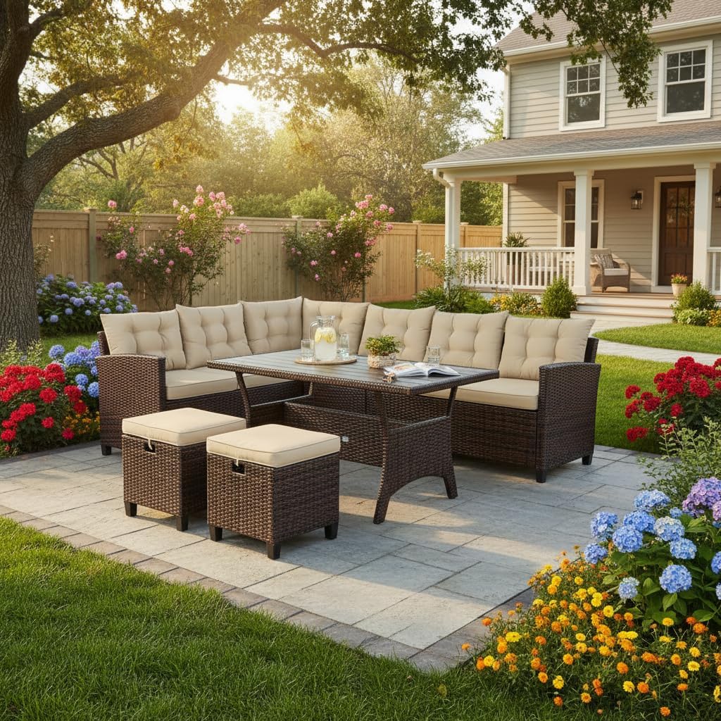 Tangkula 5 PCS Patio Furniture Set, Outdoor Conversation Set with 6 Cushioned Seat 2 Ottomans & Coffee Table, All Weather Wicker Dining Table Set with Ottoman, Rattan Sectional Couch Sofa Set