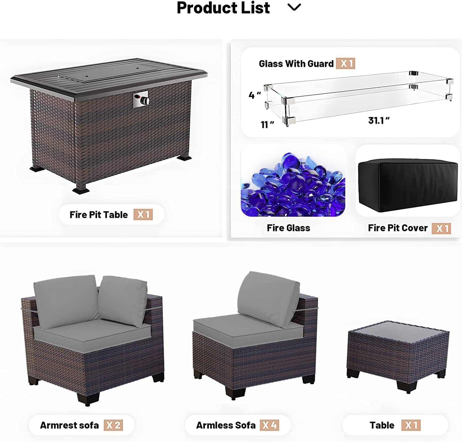 Kullavik 8 Pieces Outdoor Patio Furniture Set with 43' 55000BTU Gas Propane Fire Pit Table PE Wicker Rattan Sectional Sofa Patio Conversation Sets,Grey