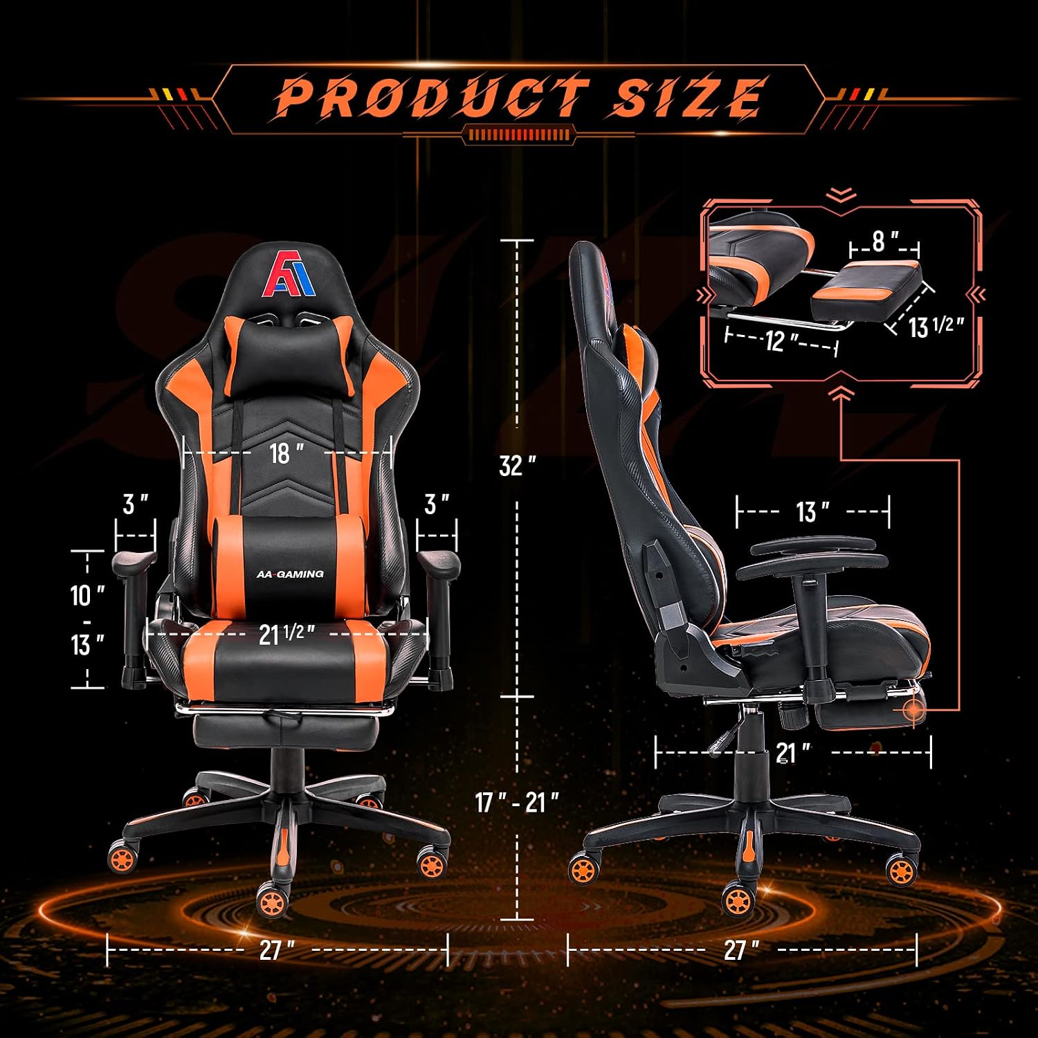AA Products Gaming Chair Ergonomic High Back Computer Racing Chair Adjustable Office Chair with Footrest, Lumbar Support Swivel Chair - BlackOrange