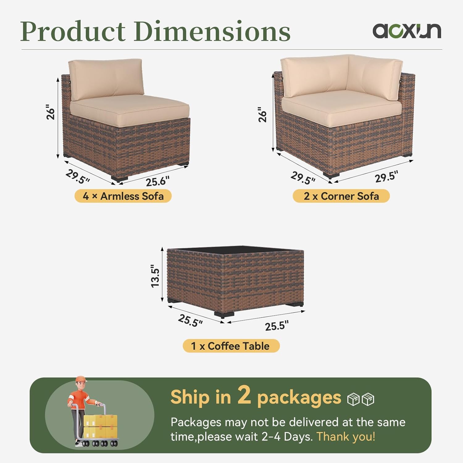 Aoxun 7 Piece Patio Furniture Set Wicker Rattan Patio Conversation Set Outdoor Sectional Sofa Set with Coffee Table and Thickened Cushions, Beige (Waterproof Cover Included)