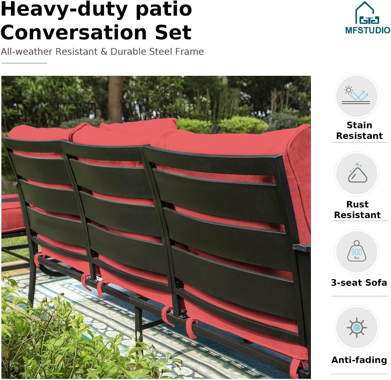 MFSTUDIO 8 Pieces Patio Furniture Sets with 45' Gas Fire Pit Table(Up to 9 Seat),Outdoor Metal Conversation Sofas with 1 x 3-Seat Sofa, 2 Single Chairs,2 Swivel Chairs and 2 Ottoman,Red Cushion