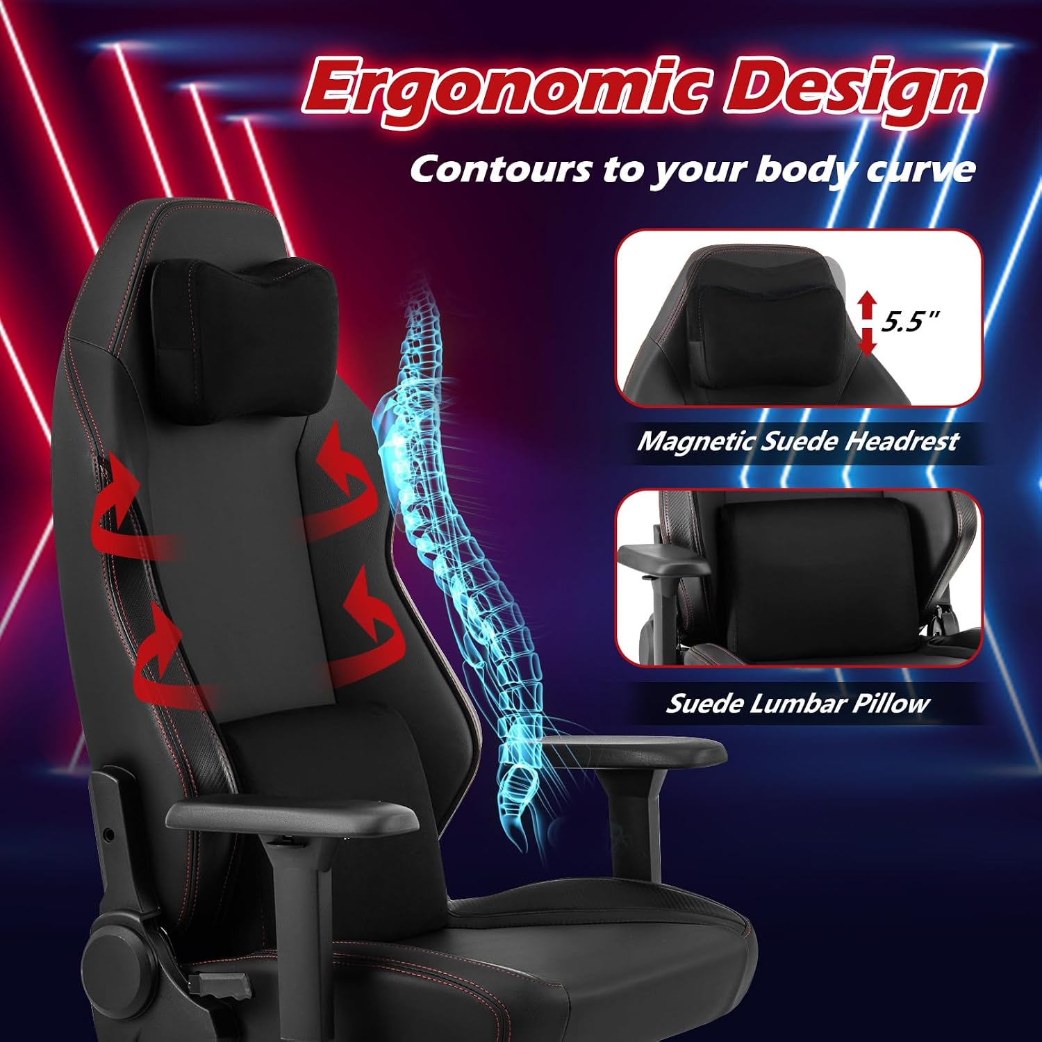 Giantex Gaming Chair, Video Game Chair with Magnetic Headrest & Lumbar Support, Ergonomic Computer Chair w/Rocking Function & 2D Armrests, Height Adjustable Swivel Task Chair, Black