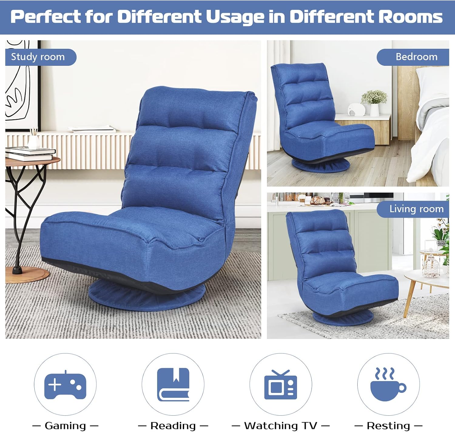 COSTWAY Folding Floor Chair, Adjustable 5-Position Video Gaming Chair with 360 Degree Swivel, Detachable Cover, Padded Backrest, Multipurpose Living Room Floor Lounger for TV, Reading, Playing (Navy)