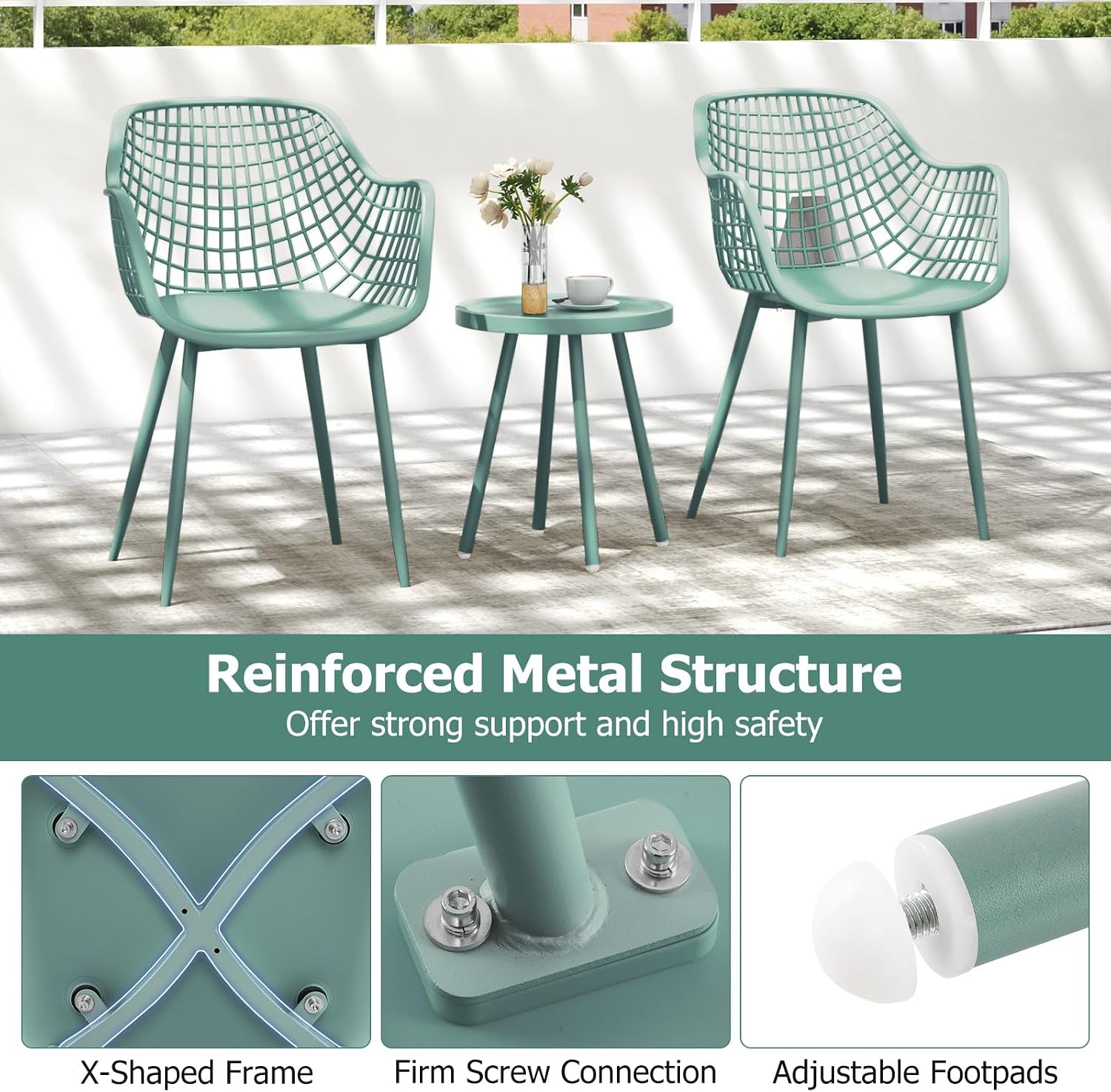 Giantex 3 Piece Patio Furniture Set, Outdoor Bistro Table and Chairs Set of 2, PP Seat & Metal Legs, Small Conversation Set for Balcony Front Porch Deck Backyard Lawn (Mint Green)