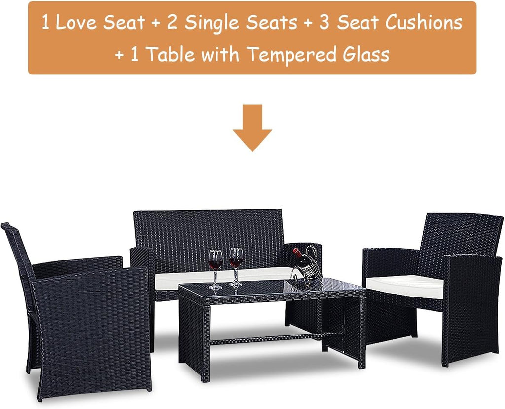 Goplus 4-Piece Rattan Patio Furniture Set, Outdoor Wicker Conversation Sofa with Weather Resistant Cushions and Tempered Glass Tabletop for Lawn Backyard Pool Garden (White(Black Wicker))