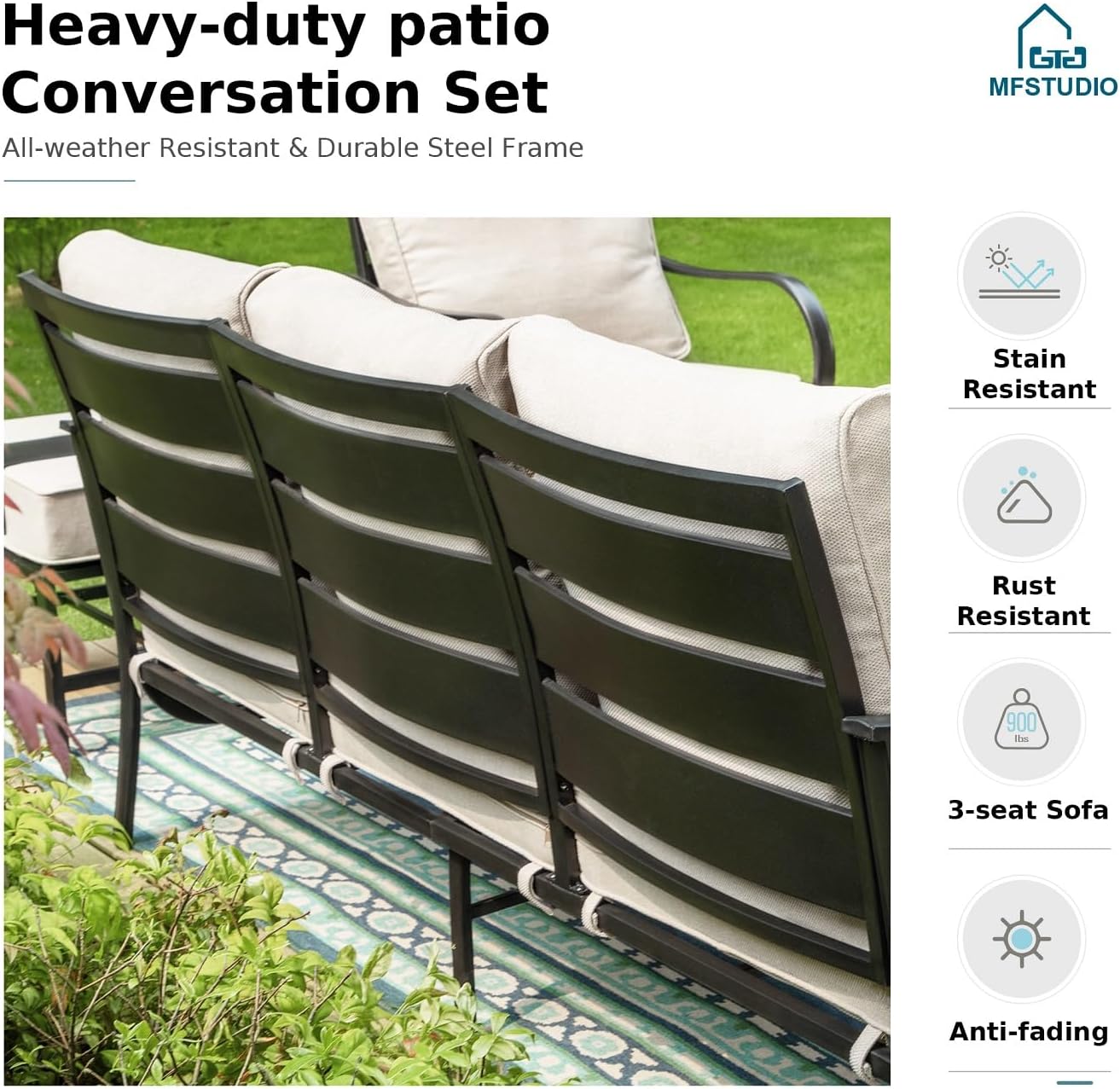 MFSTUDIO 5 Pieces Patio Conversation Sets, Outdoor Metal Furniture Sofas with 1 x 28 50,000 BTU Square Propane Fire Table and 4 x Wrought Iron Frame Sofa Chairs with Beige Cushion