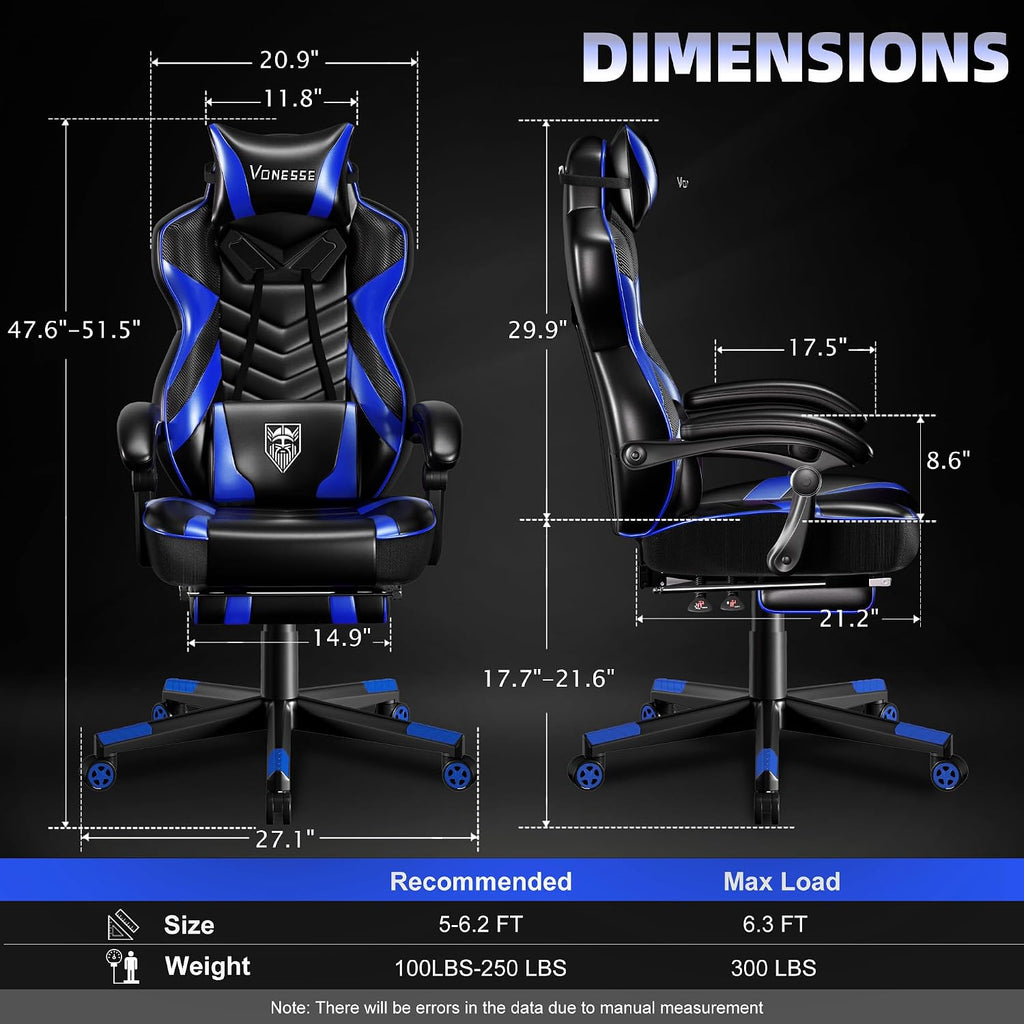 Vonesse Gaming Chair, Big and Tall Gaming Chair with Footrest and Massage, Gaming Chairs for Adults with Lumbar Support, Ergonomic High Back Computer Chair with Pocket Spring Cushion (Black/Blue)