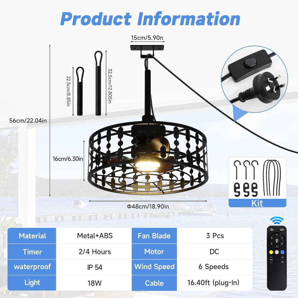ZHENYANGL 18.9' Outdoor Ceiling Fan with Light and Remote LED Black Industrial Caged Ceiling Fan Light Fixture with Hook IP 54 Waterproof Plug in Fan Lights for Patios, Porch, Pergola, Canopy, Gazebo