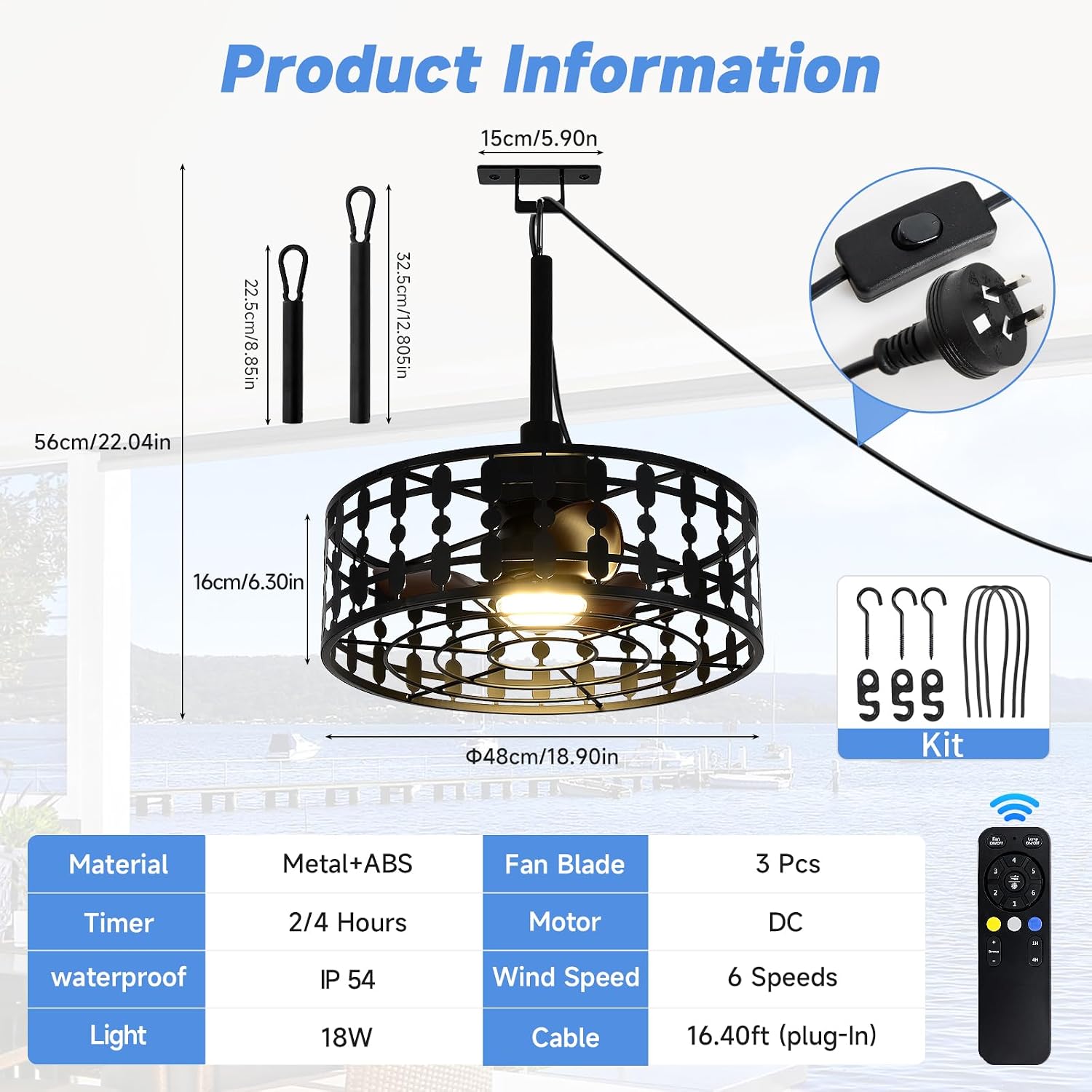 ZHENYANGL 18.9' Outdoor Ceiling Fan with Light and Remote LED Black Industrial Caged Ceiling Fan Light Fixture with Hook IP 54 Waterproof Plug in Fan Lights for Patios, Porch, Pergola, Canopy, Gazebo