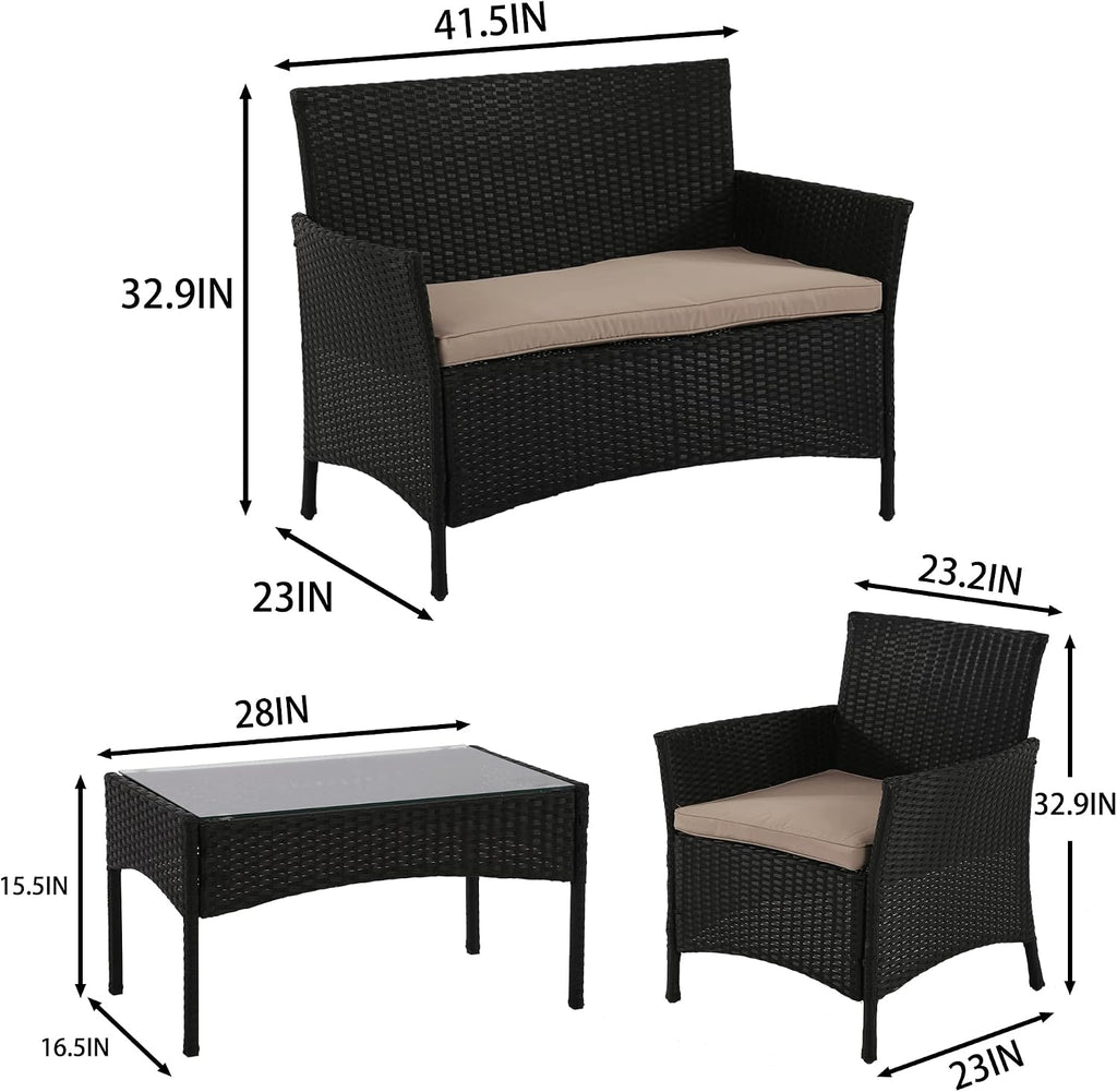 PayLessHere 4 Pieces Patio Furniture Set Rattan Outside Furniture Wicker Sofa Garden Conversation Sets with Soft Cushion and Glass Table for Yard Pool or Backyard,Black