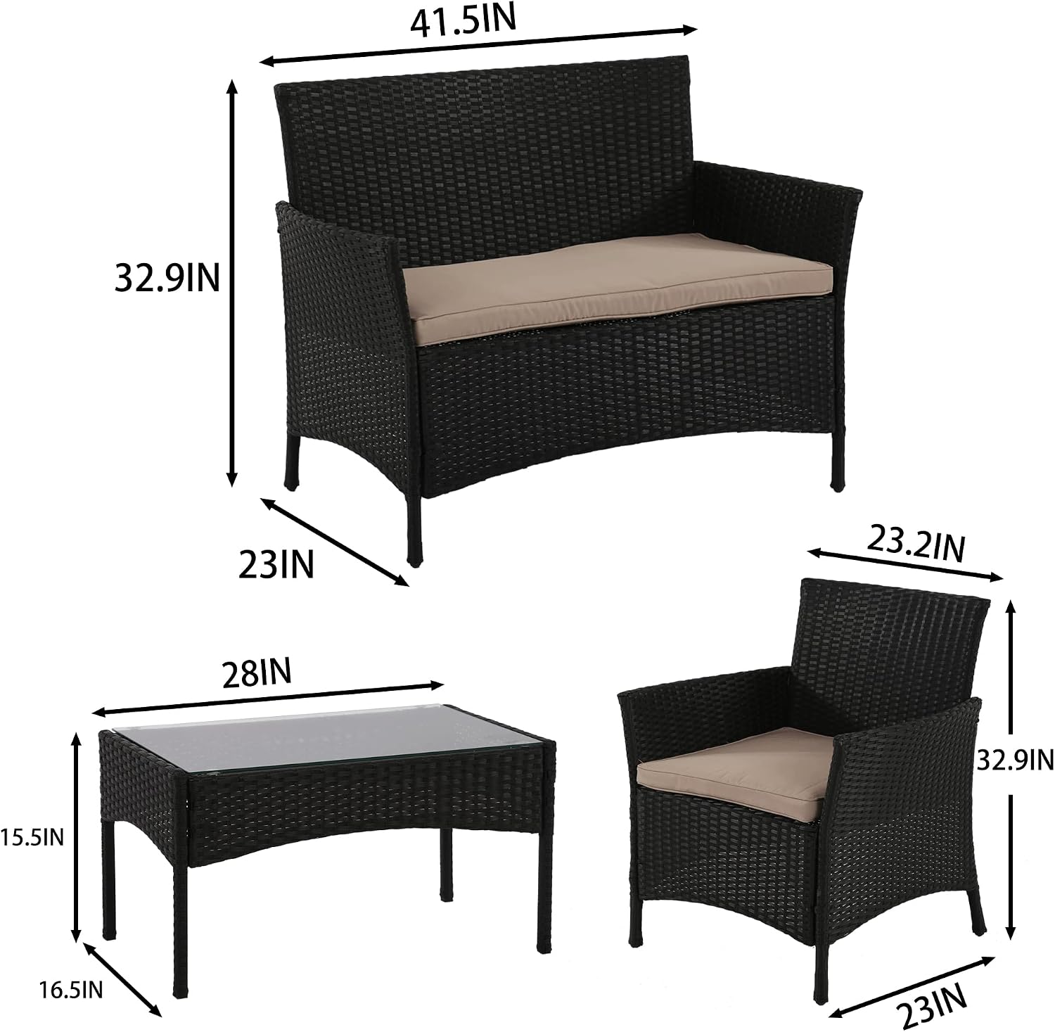 PayLessHere 4 Pieces Patio Furniture Set Rattan Outside Furniture Wicker Sofa Garden Conversation Sets with Soft Cushion and Glass Table for Yard Pool or Backyard,Black
