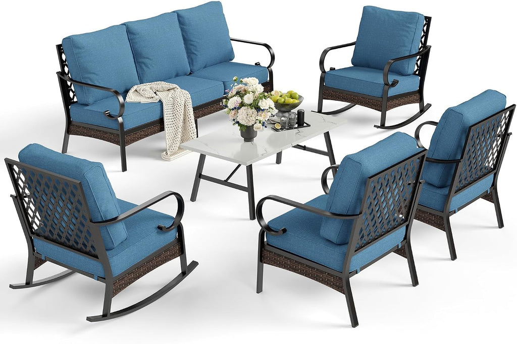 SUNSHINE VALLEY 6 Piece Metal Outdoor Patio Furniture Set, Patio Conversation Set with Rocking Chair and 5.75' Thick Cushion & Coffee Tabl, Outdoor Seating Black Frame Backyard Furniture, Denim Blue